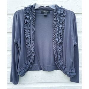 August Silk Cardigan Sweater Womens M Petite Gray Ruffle Collar Crop Shrug Knit